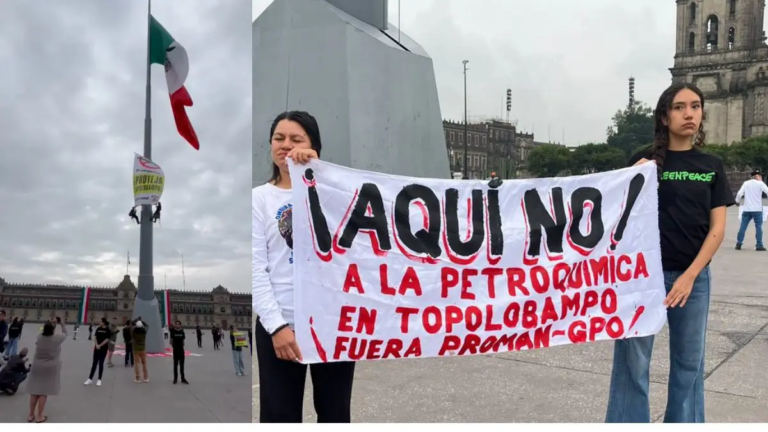 Protesta de Greenpeace en el Zócalo por proyecto de planta de amoniaco en Topolobampo